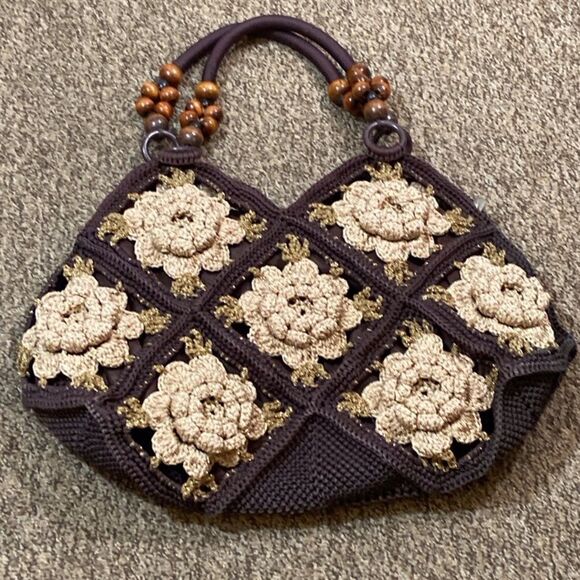 VTG, Crochet Style Retro Handmade Floral Handbag And Shoulder Bag Brown And Gold - Picture 16 of 16